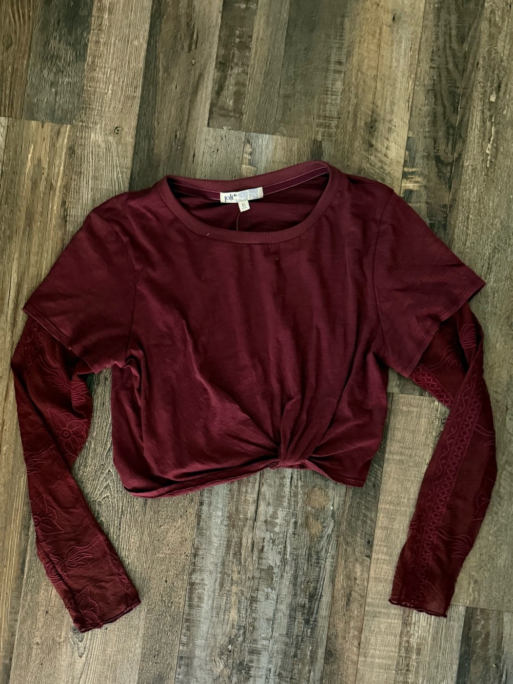 Jolt Burgundy Knot-Front Long Sleeve Top
